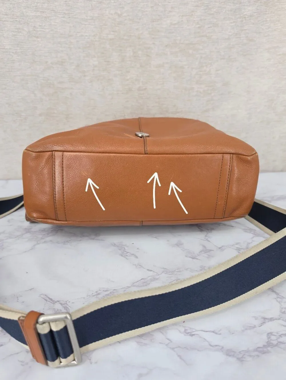 Coach Tan Leather Messenger Bag with Navy Web Strap
